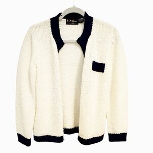 Vintage Le Sah Petites Ivory & Blue Open Front Cardigan Size M